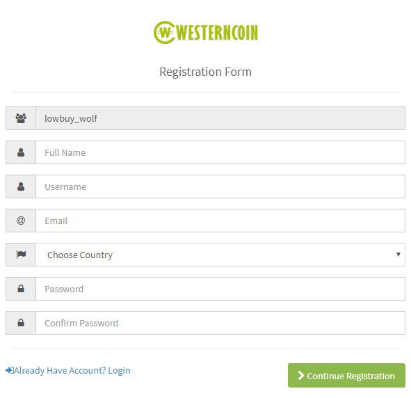Westerncoin登録画面