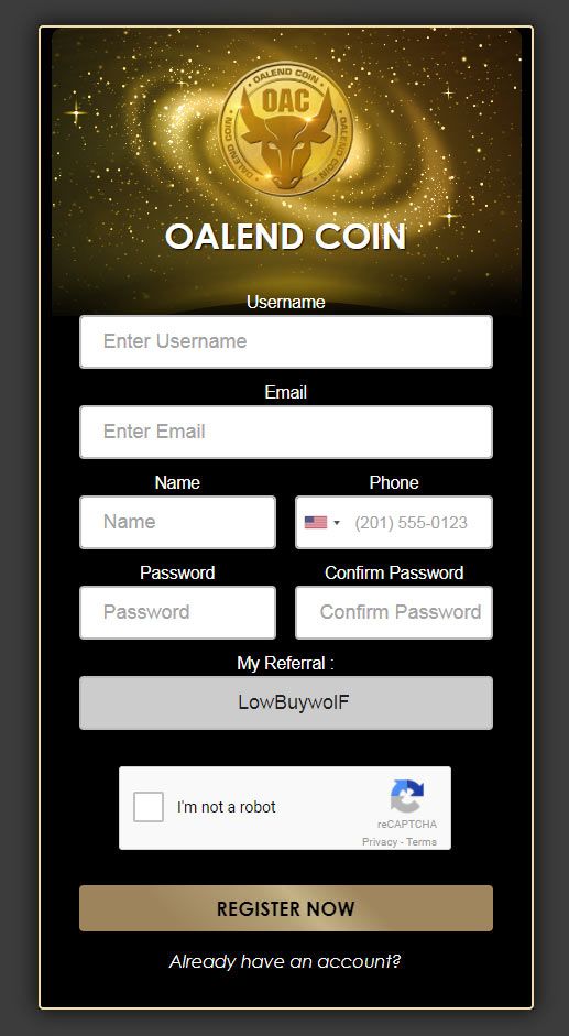 oalendcoinの登録画面