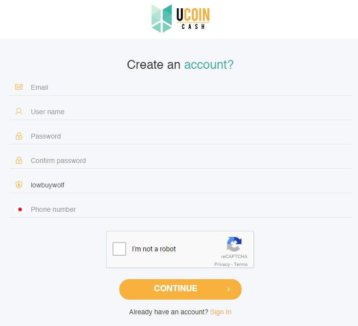 Ucoincashの登録画面